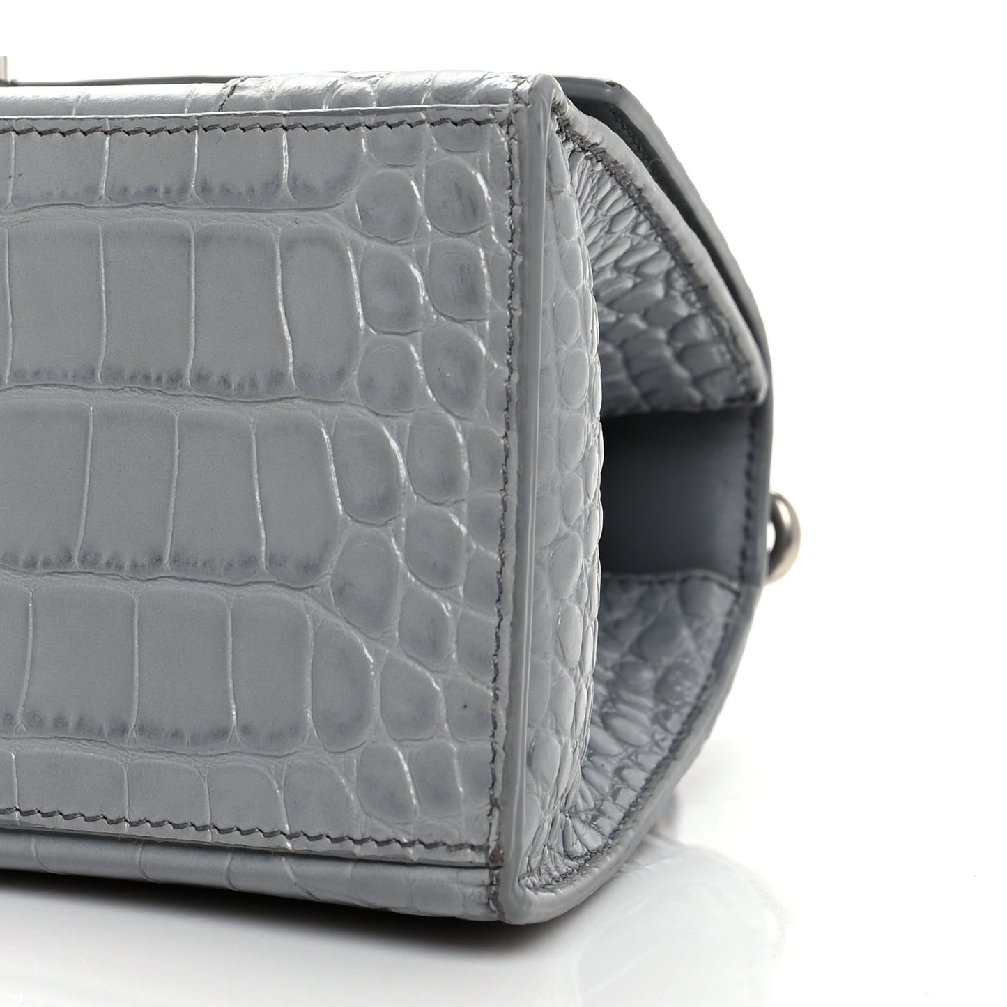 Shiny Calfskin Crocodile Embossed Small Hourglass Top Handle Bag Balenciaga Grey