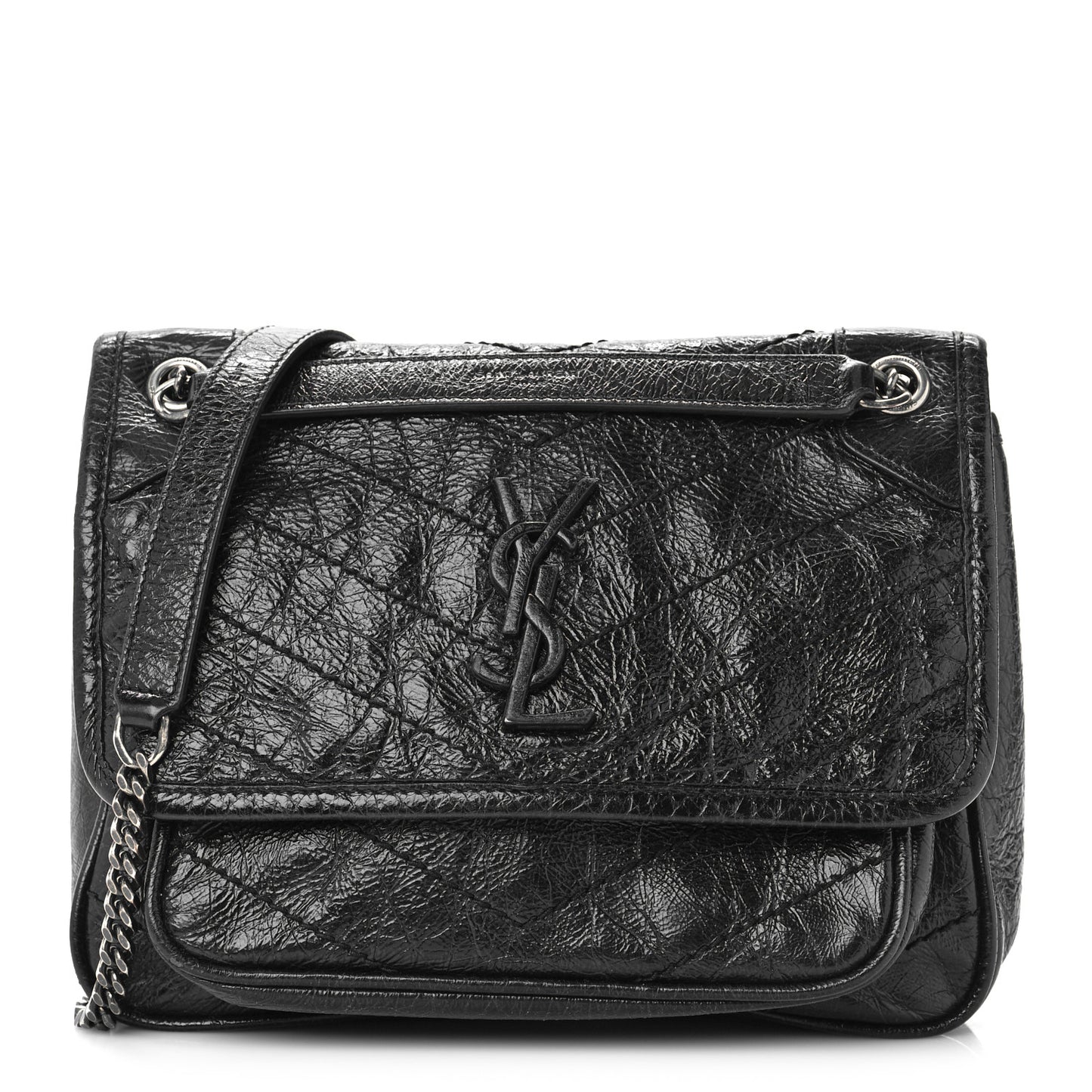 Crinkled Calfskin Matelasse Monogram Baby Niki Chain Satchel Black