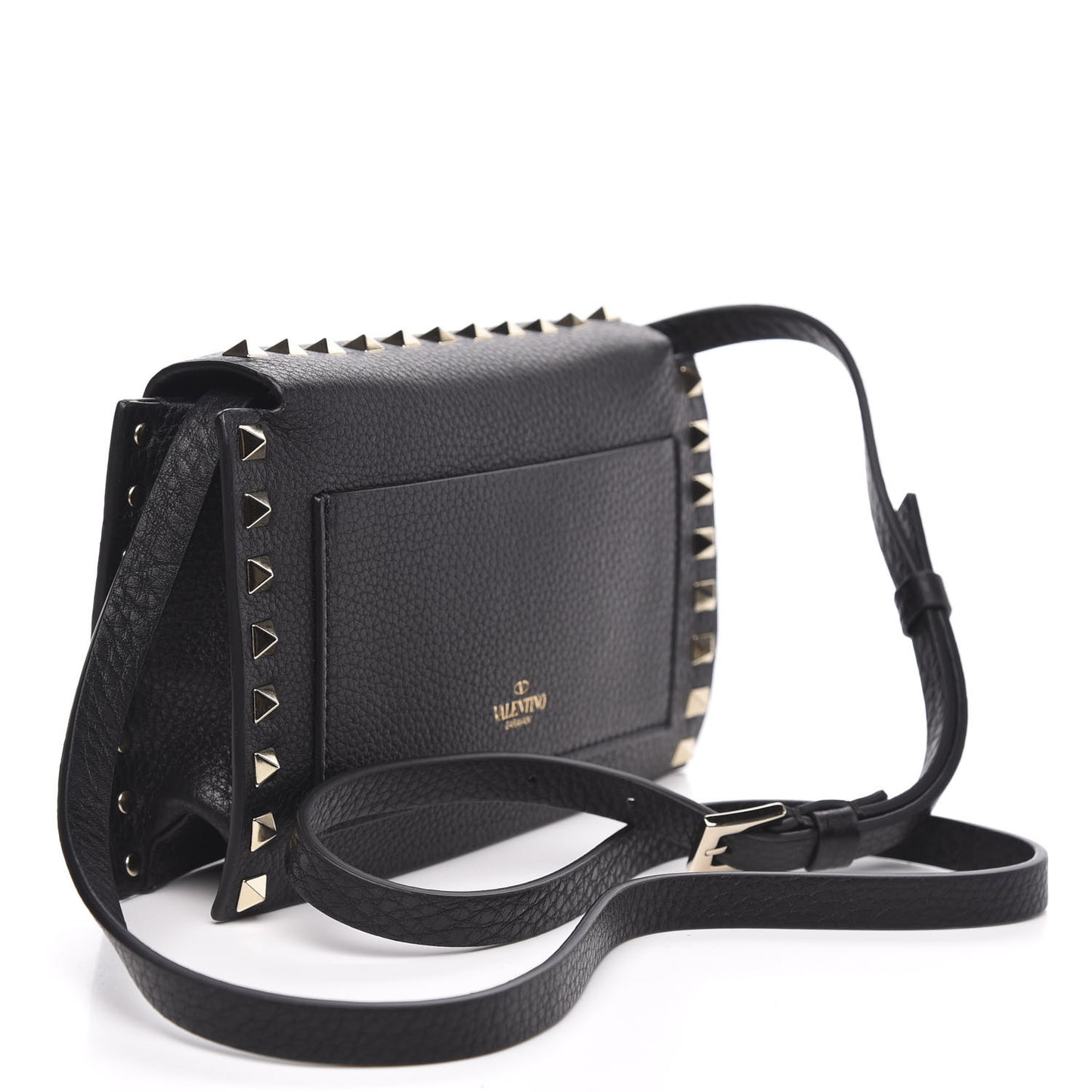Pebbled Calfskin Small Rockstud Overlay Flap Shoulder Bag Black