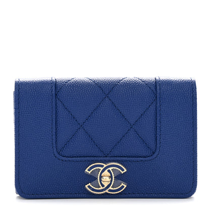 Chanel Caviar Chevron Quilted Vintage Mademoiselle Flap Card Holder Blue 1 of 9