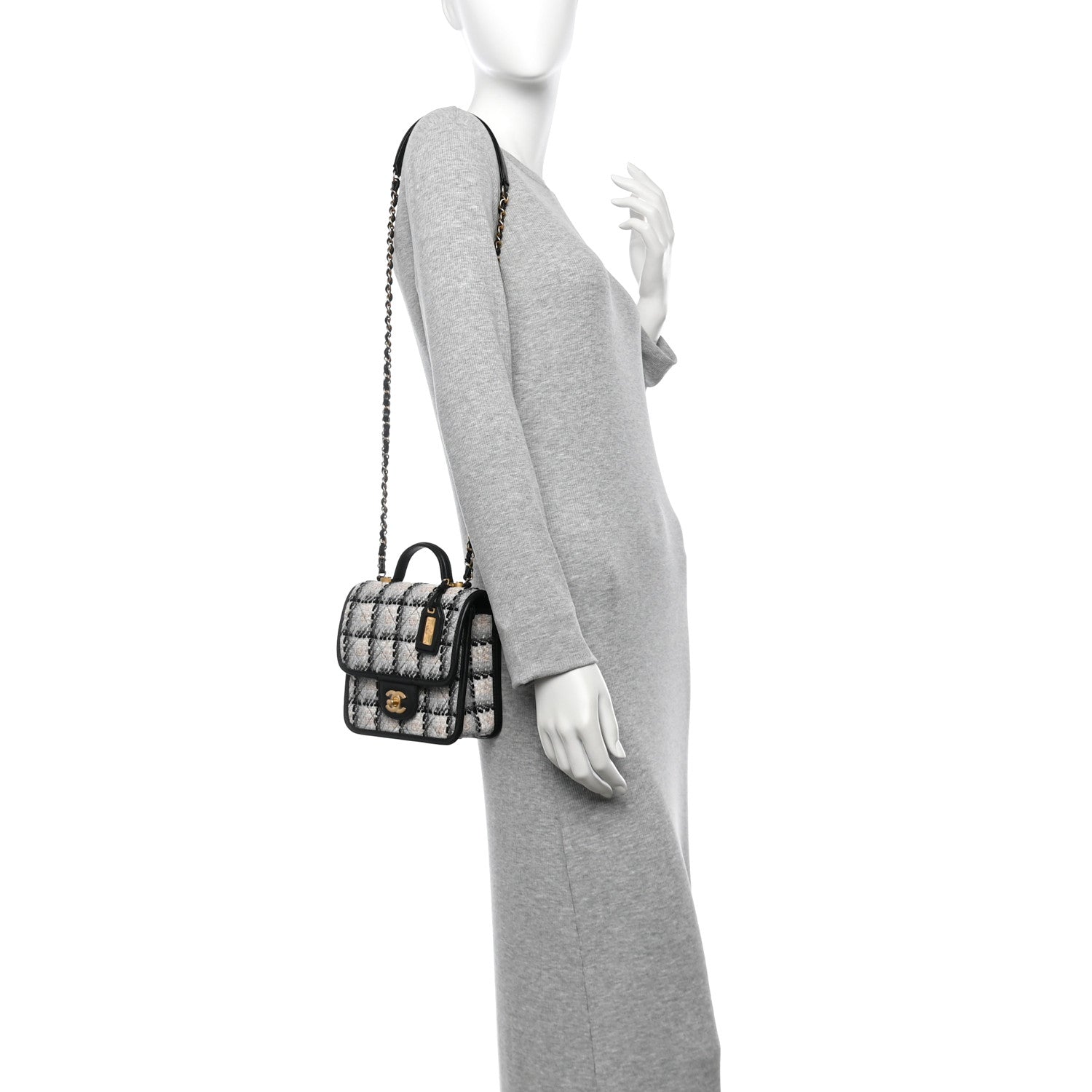 Chanel Tweed Calfskin School Memory Mini Top Handle Flap Ecru Grey Beige Black 2 of 11