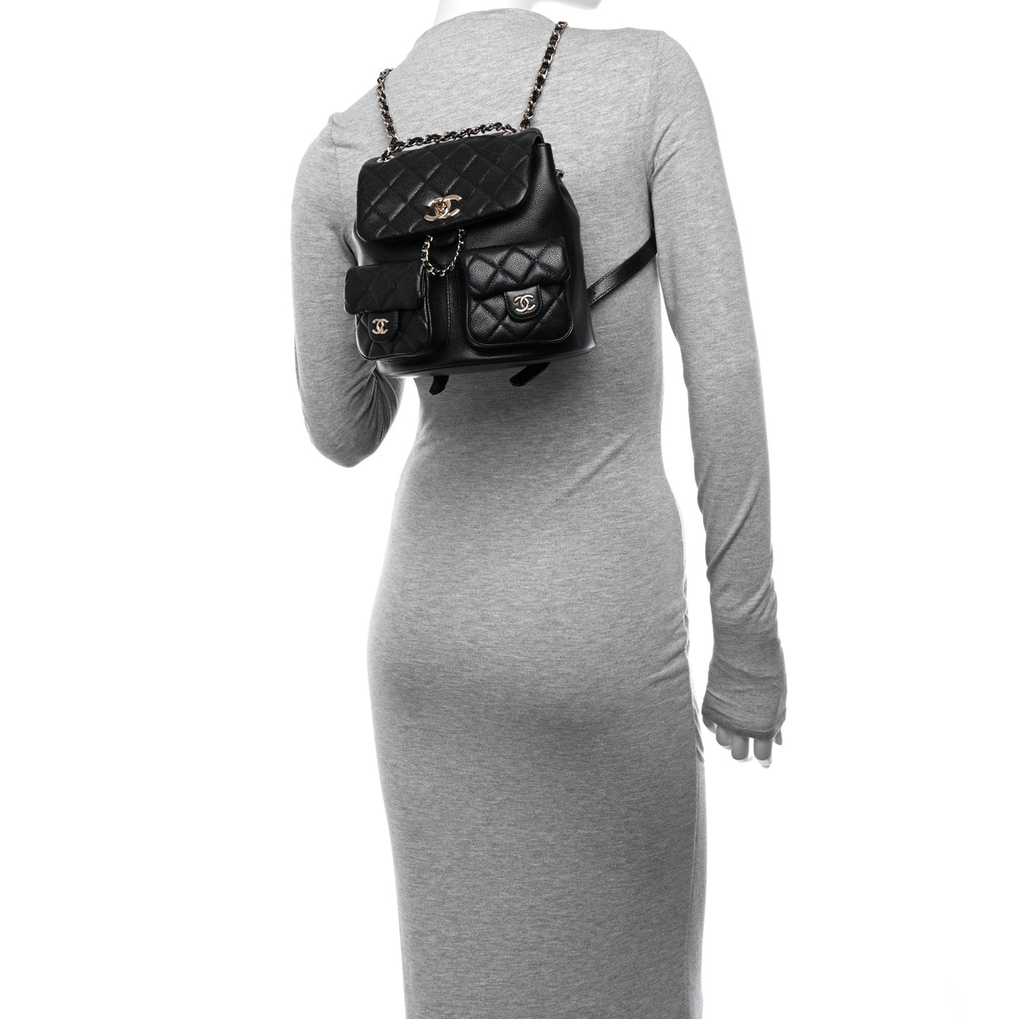 Shiny Caviar Quilted Medium Duma Pockets Drawstring Backpack Black