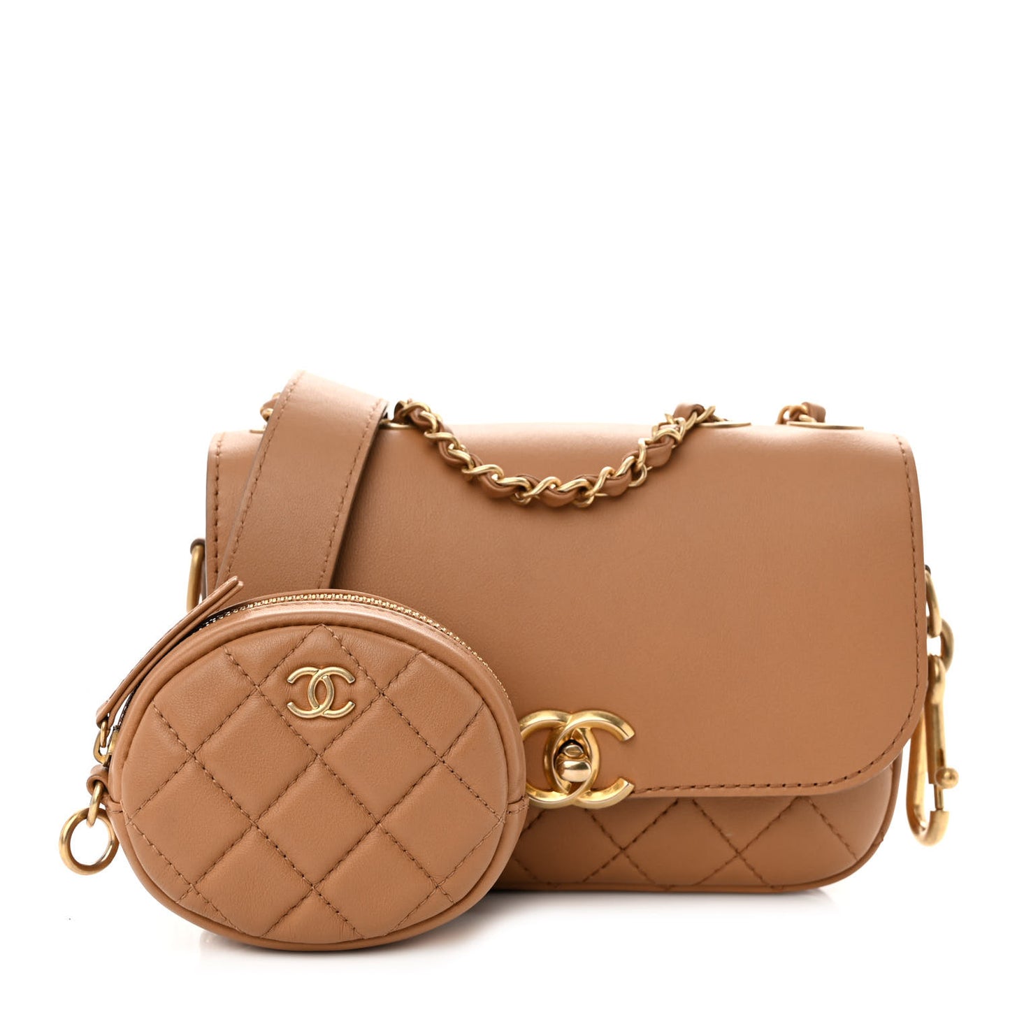 Calfskin Quilted Multi Pouching Flap And Coin Purse Beige