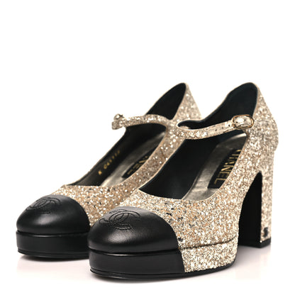 Chanel Glitter Lambskin Cap Toe CC Mary Jane Pumps 37 Light Gold Black 4 of 9