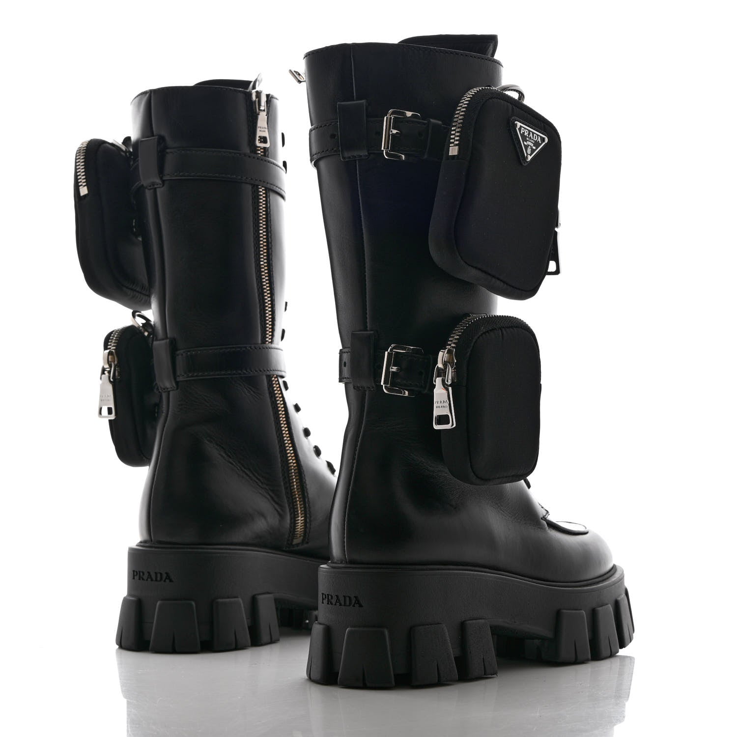 Prada Vitello Lux Nylon Metal Triangle Logo Monolith Pouch Pocket 55mm Tall Combat Boots 35.5 Black 4 of 12