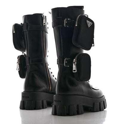 Prada Vitello Lux Nylon Metal Triangle Logo Monolith Pouch Pocket 55mm Tall Combat Boots 35.5 Black 4 of 12
