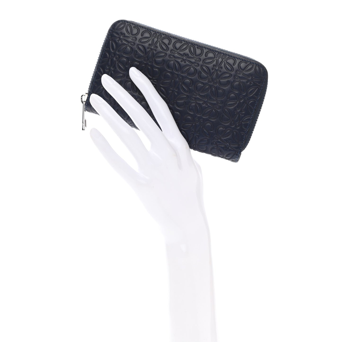 Calfskin Embossed Repeat Medium Zip Wallet Navy