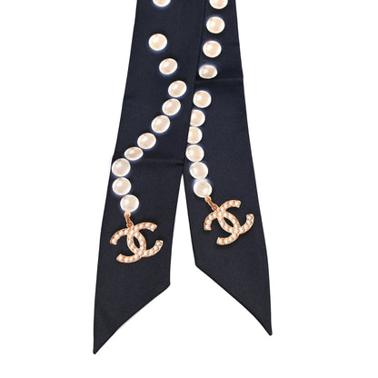 Chanel Silk Pearl CC Slim Bandeau Scarf Navy 2 of 3