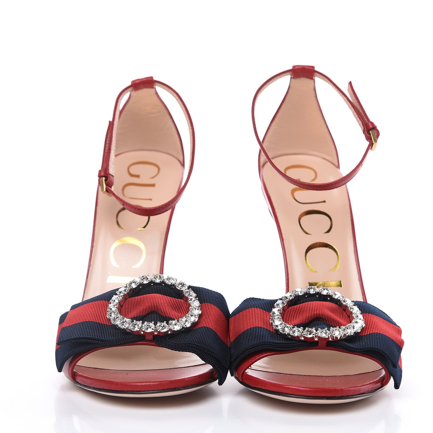 Gucci Nappa Crystal Web Ankle Strap High Heel Sandals 37 Hibiscus Red 2 of 9