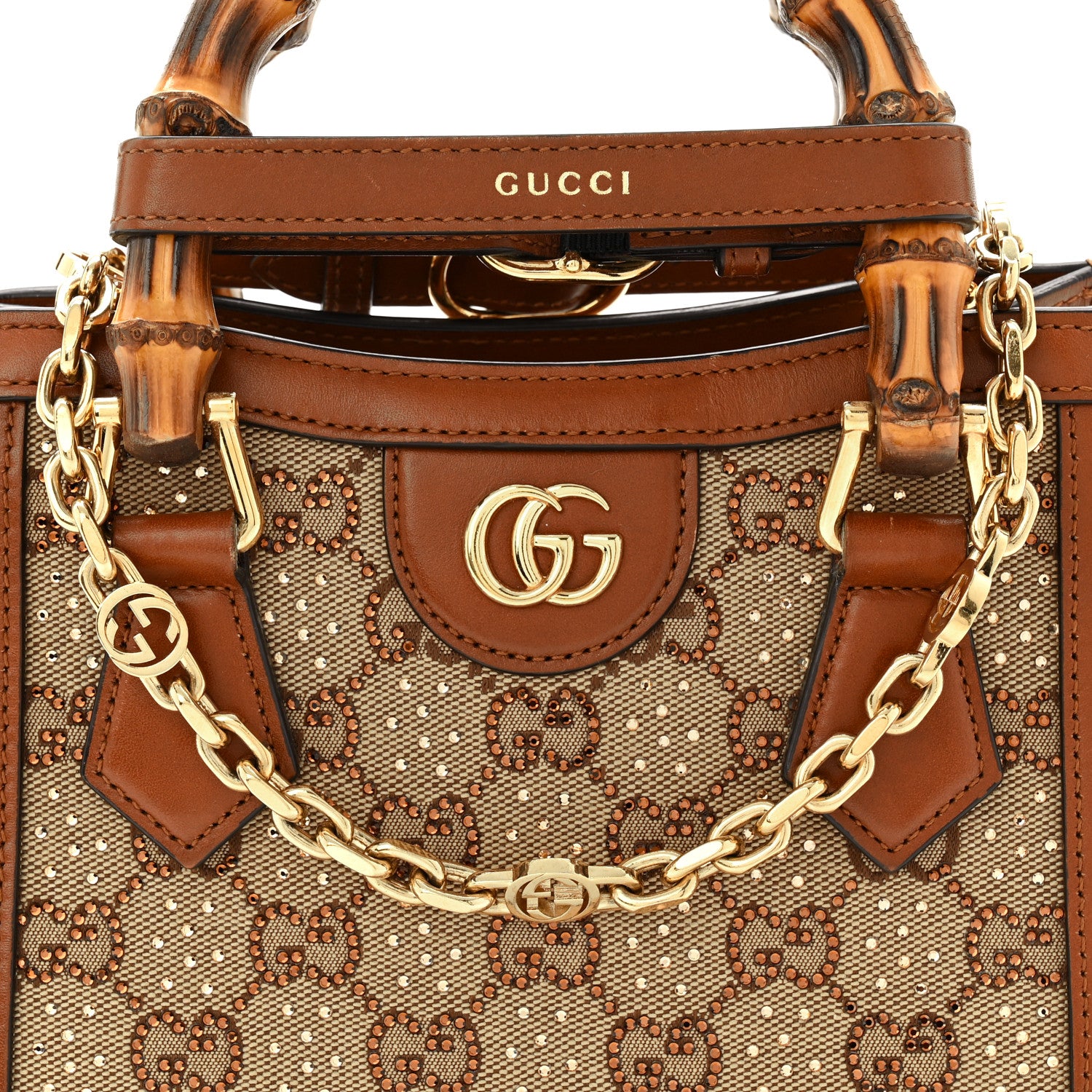 Gucci New Canvas Charisma Calfskin Crystal GG Monogram Mini Diana Tote Bag Camel Ebony 8 of 13