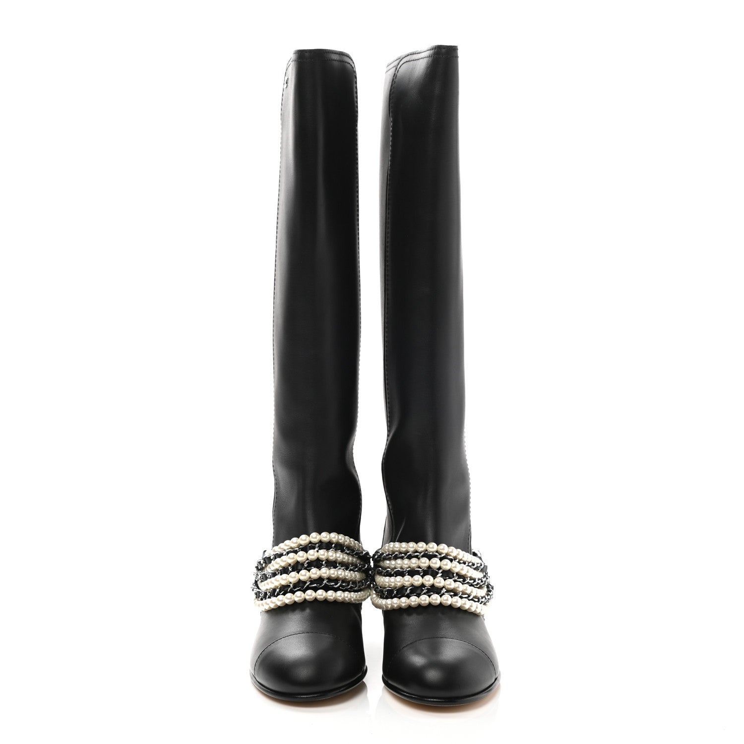 Chanel Calfskin Pearl Cap Toe High Boots 39 Black 2 of 9