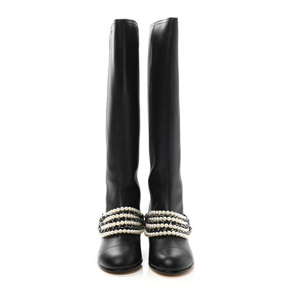 Chanel Calfskin Pearl Cap Toe High Boots 39 Black 2 of 9