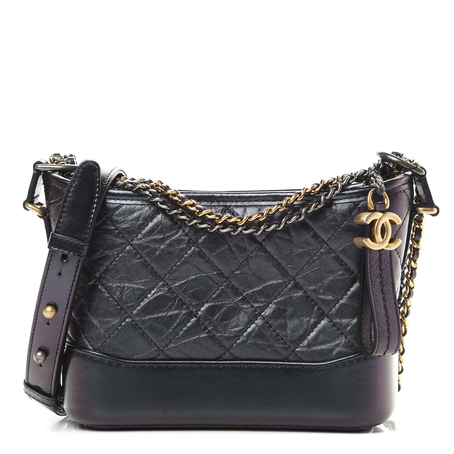 Iridescent Aged Calfskin Quilted Small Gabrielle Hobo Black