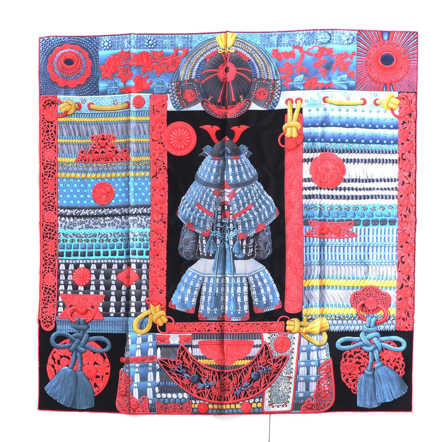 Hermes Silk Parures de Samouraïs Scarf 90 Black Rouge Blue Jean 1 of 5