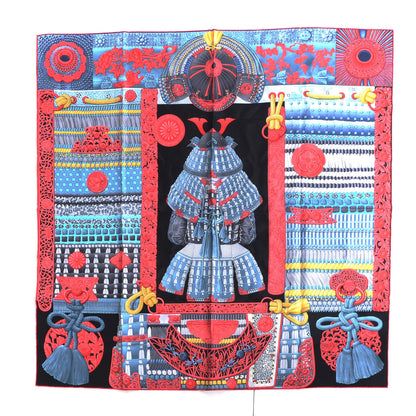 Hermes Silk Parures de Samouraïs Scarf 90 Black Rouge Blue Jean 1 of 5