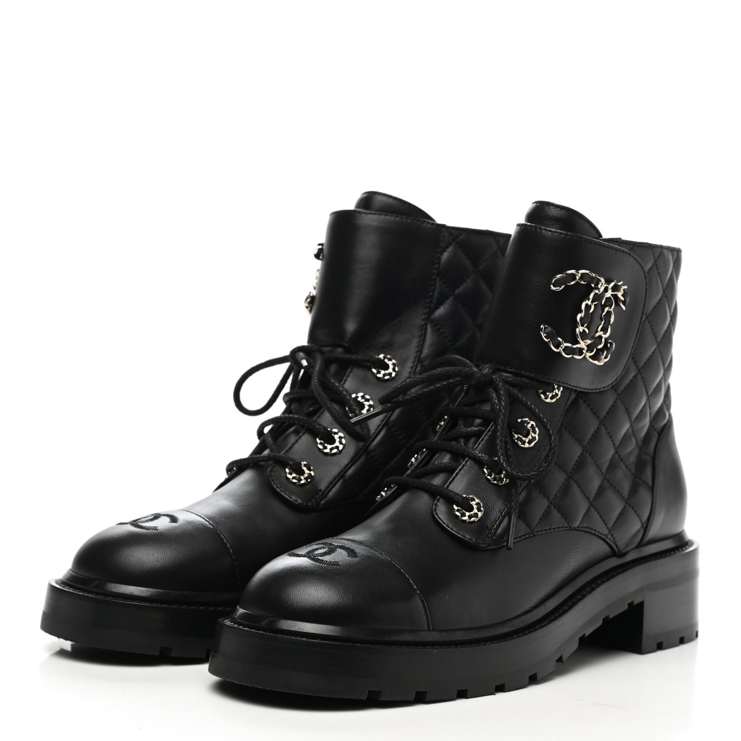Shiny Lambskin Quilted Lace Up Combat Boots 39.5 Black