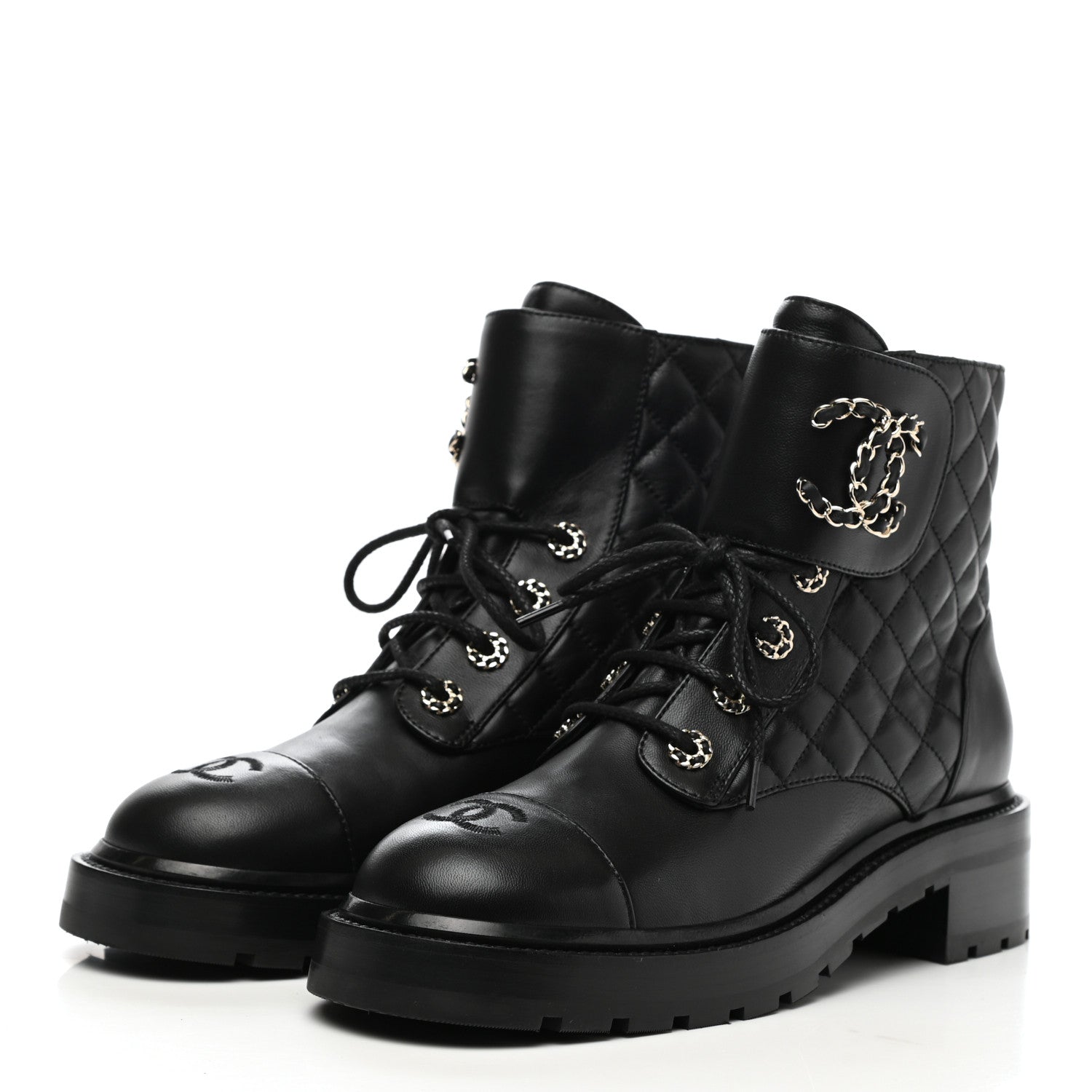 Chanel Shiny Lambskin Quilted Lace Up Combat Boots 39.5 Black 3 of 7