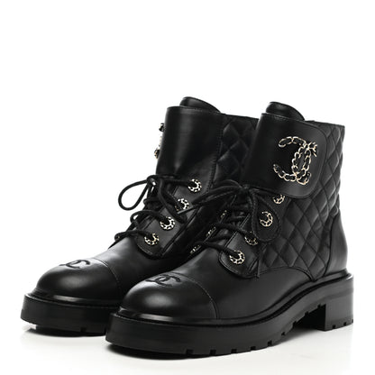 Chanel Shiny Lambskin Quilted Lace Up Combat Boots 39.5 Black 3 of 7