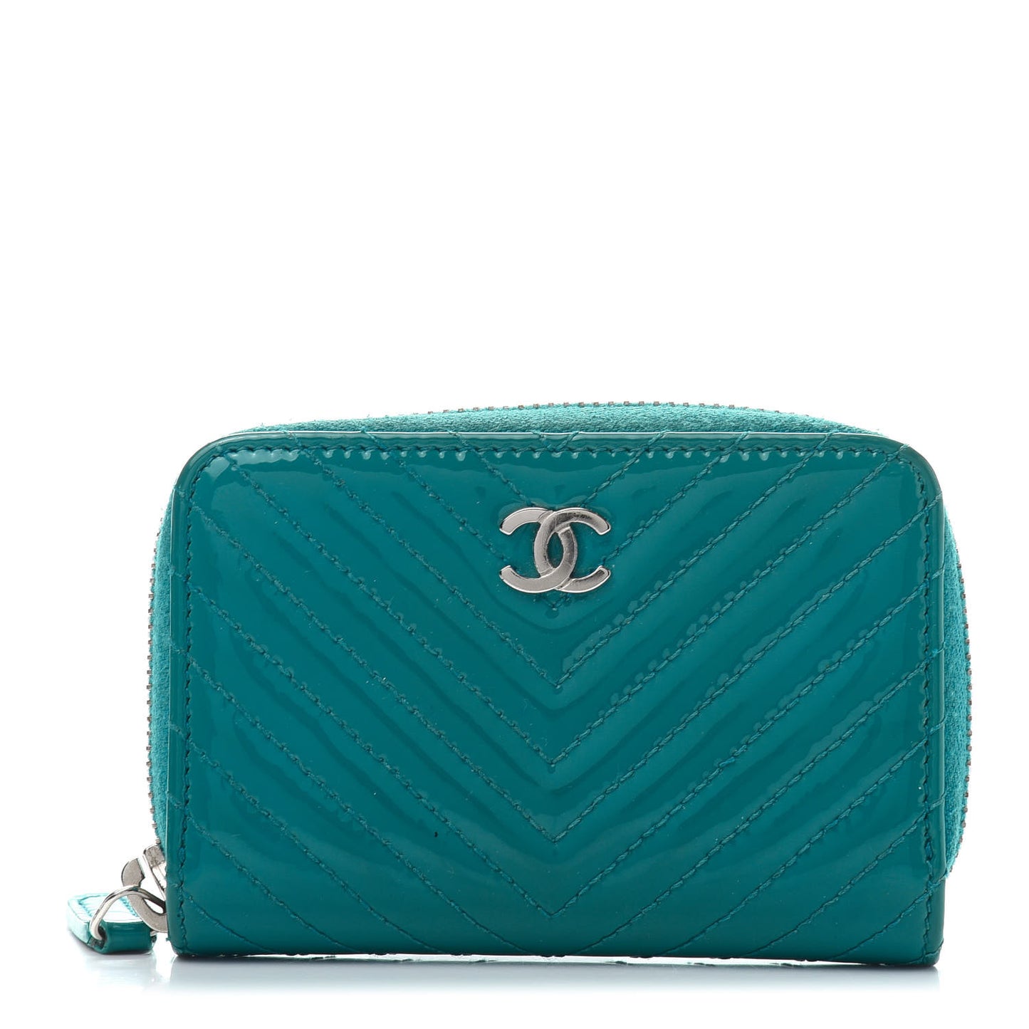 Patent Chevron Quilted Zip Around Coin Purse Turquoise