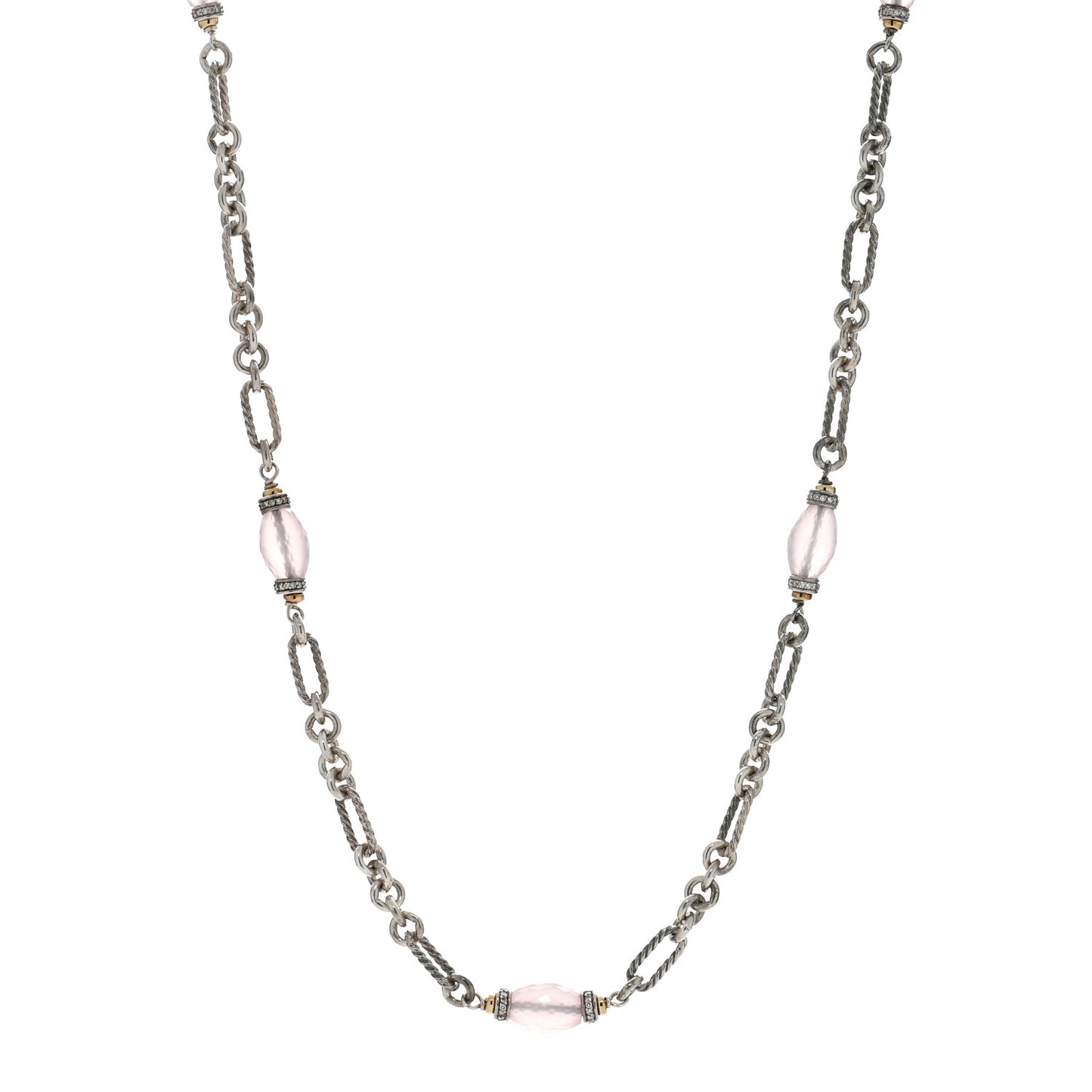 Sterling Silver 18K Yellow Gold Diamond Rose Quartz Figaro Chain Long Necklace