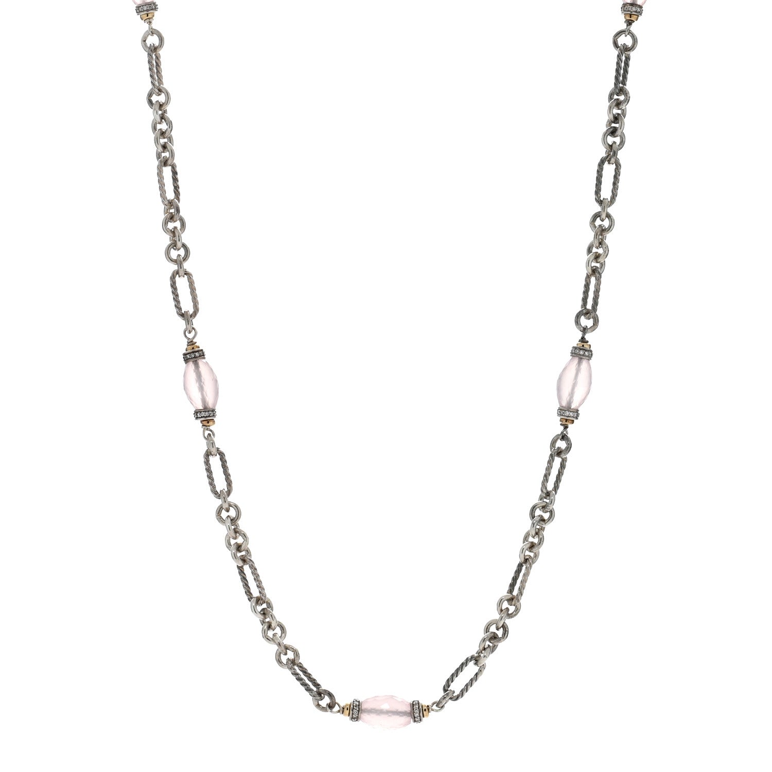 David Yurman Sterling Silver 18K Yellow Gold Diamond Rose Quartz Figaro Chain Long Necklace 1 of 4