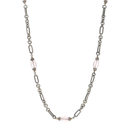 David Yurman Sterling Silver 18K Yellow Gold Diamond Rose Quartz Figaro Chain Long Necklace 1 of 4