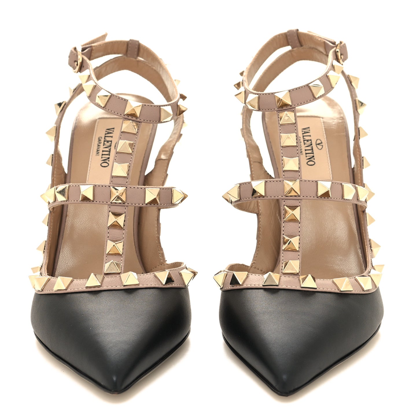Calfskin Nappa Rockstud Ankle Strap 100mm Pumps 36.5 Black Poudre