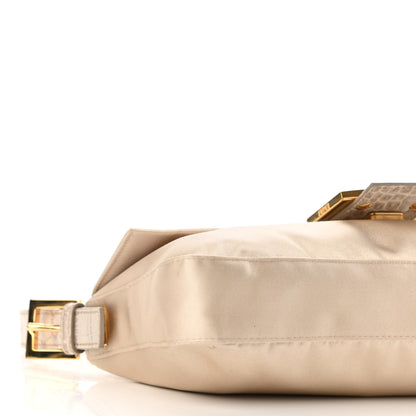 Fendi Satin Calfskin Crystal Crocodile Embossed Baguette Beige Pietra 8 of 10