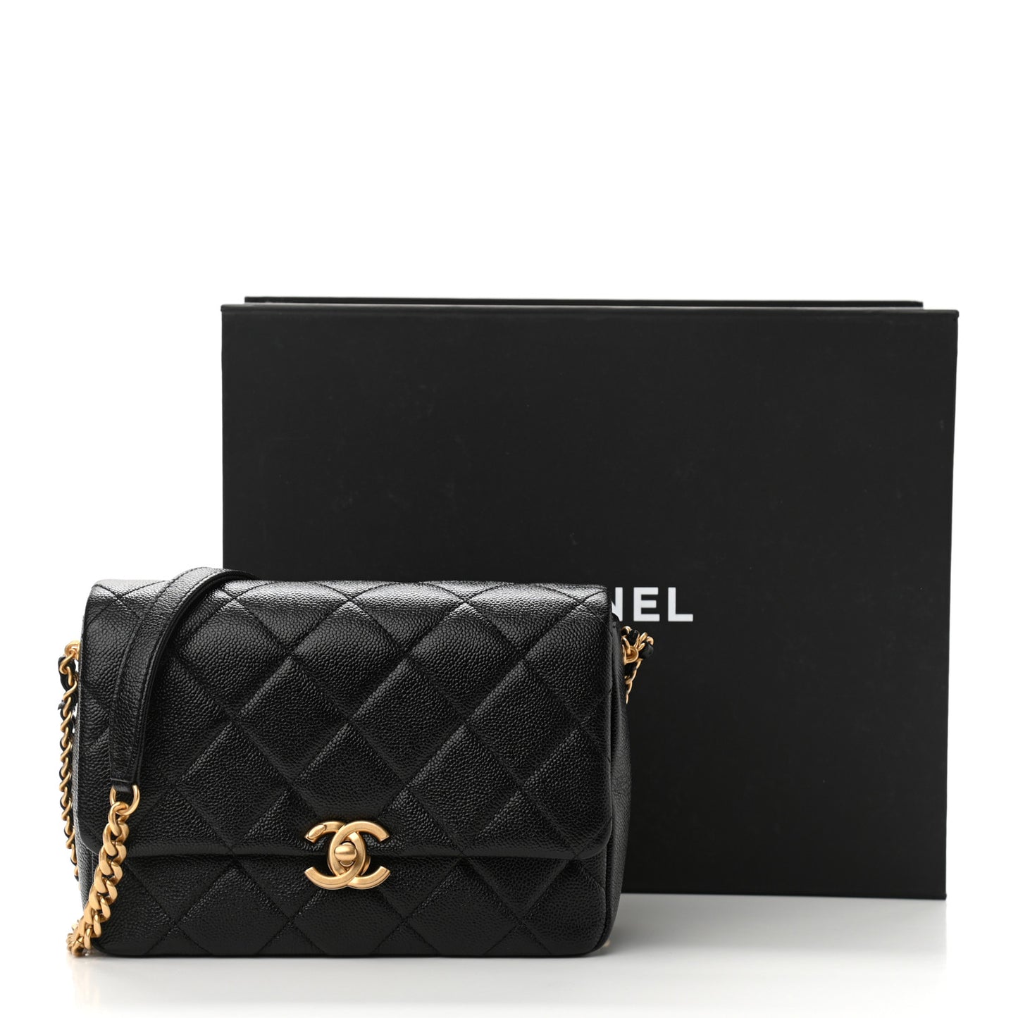 Shiny Caviar Quilted Small Chain Melody Flap Black