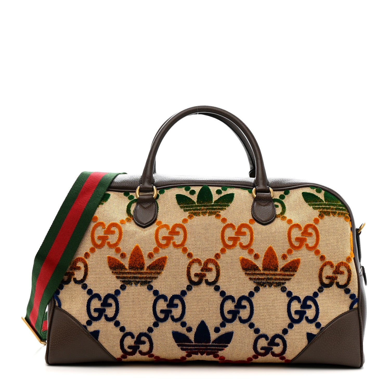 Gucci X ADIDAS Canvas Textured Dollar Calfskin Web GG Monogram Trefoil Large Bowling Bag Beige Brown Multicolor 1 of 9