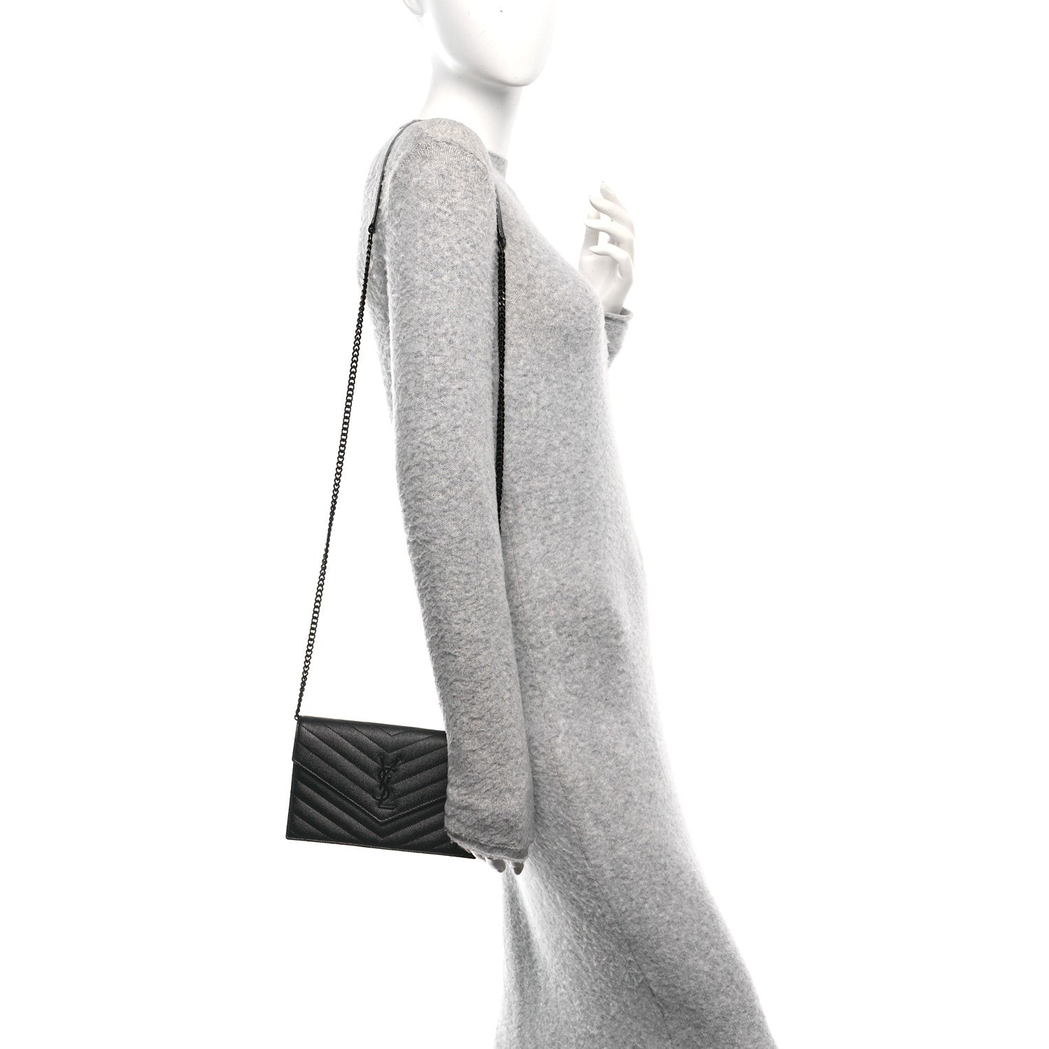 Saint Laurent Grain De Poudre Matelasse Chevron Monogram Monochrome Envelope Chain Wallet Black 2 of 13