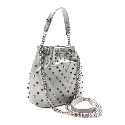 Chanel Metallic Lambskin Studded Chevron Quilted Small Stud Wars Drawstring Bag Silver 3 of 10