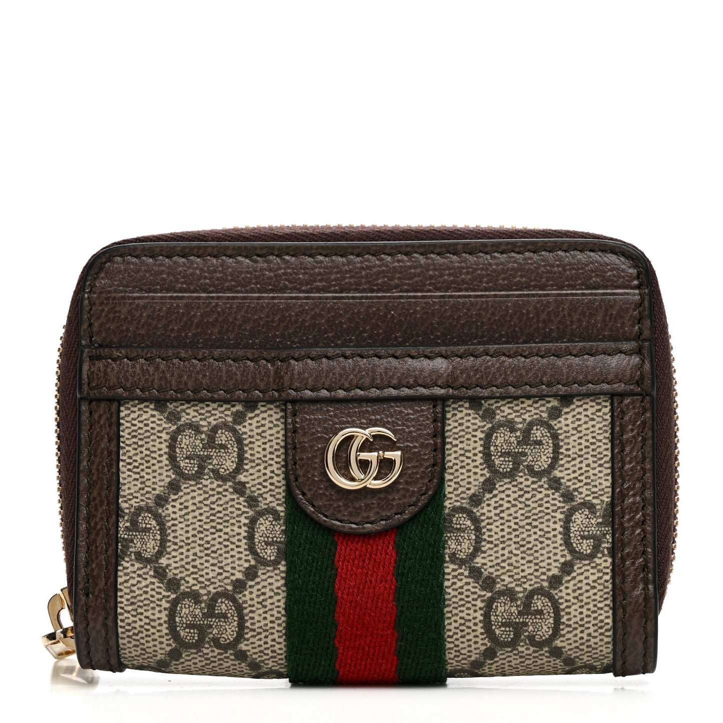 GG Supreme Monogram Textured Dollar Calfskin Web Ophidia Zip Around Card Case Wallet Beige Ebony New Acero