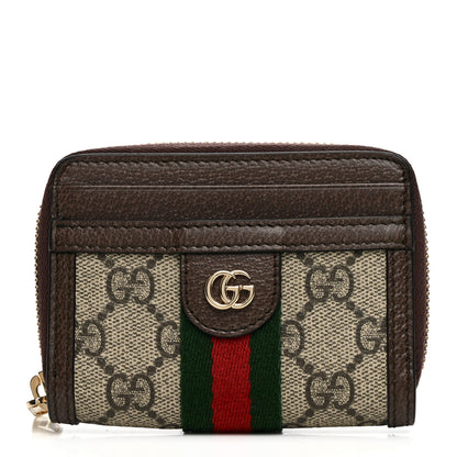 Gucci GG Supreme Monogram Textured Dollar Calfskin Web Ophidia Zip Around Card Case Wallet Beige Ebony New Acero 1 of 8