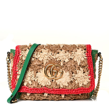 Gucci Raffia Azalea Calfskin Crochet Flower Small GG Marmont Shoulder Bag Natural Ecru Green Red New Shamarock 1 of 6
