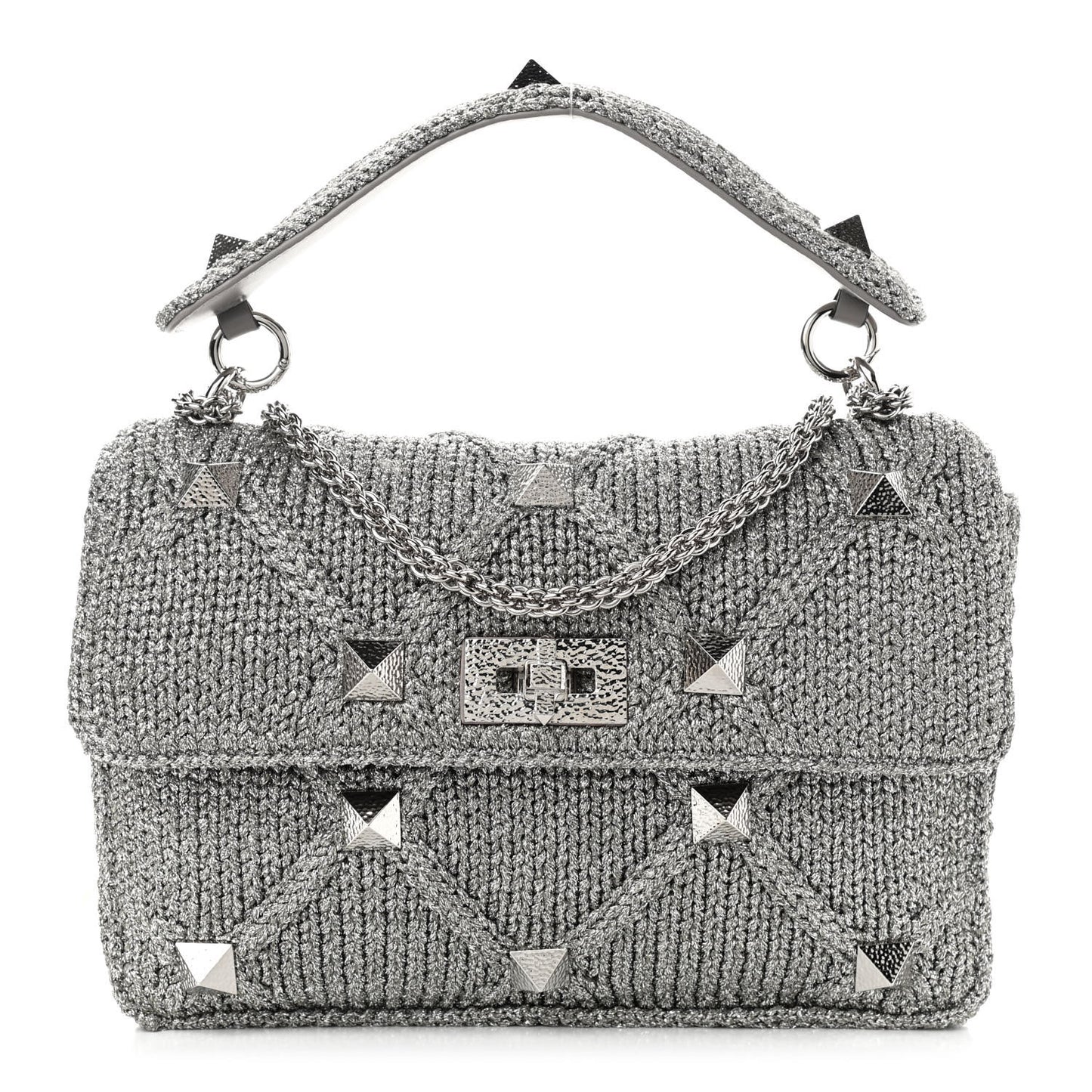 Metallic Lurex Knit Large Roman Stud Shoulder Bag Silver