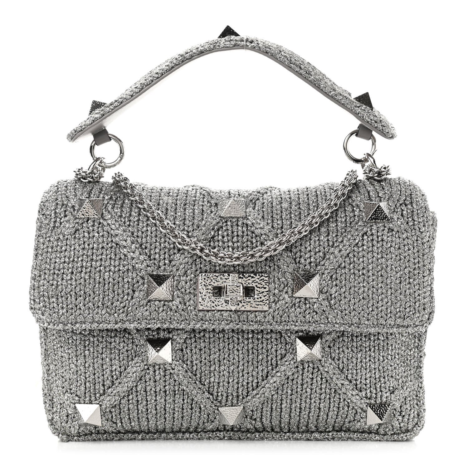 Valentino Garavani Metallic Lurex Knit Large Roman Stud Shoulder Bag Silver 1 of 9