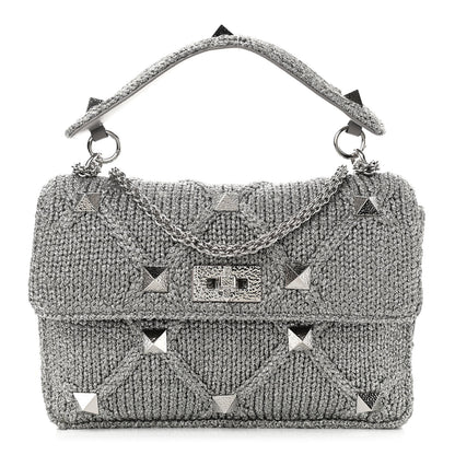 Valentino Garavani Metallic Lurex Knit Large Roman Stud Shoulder Bag Silver 1 of 9