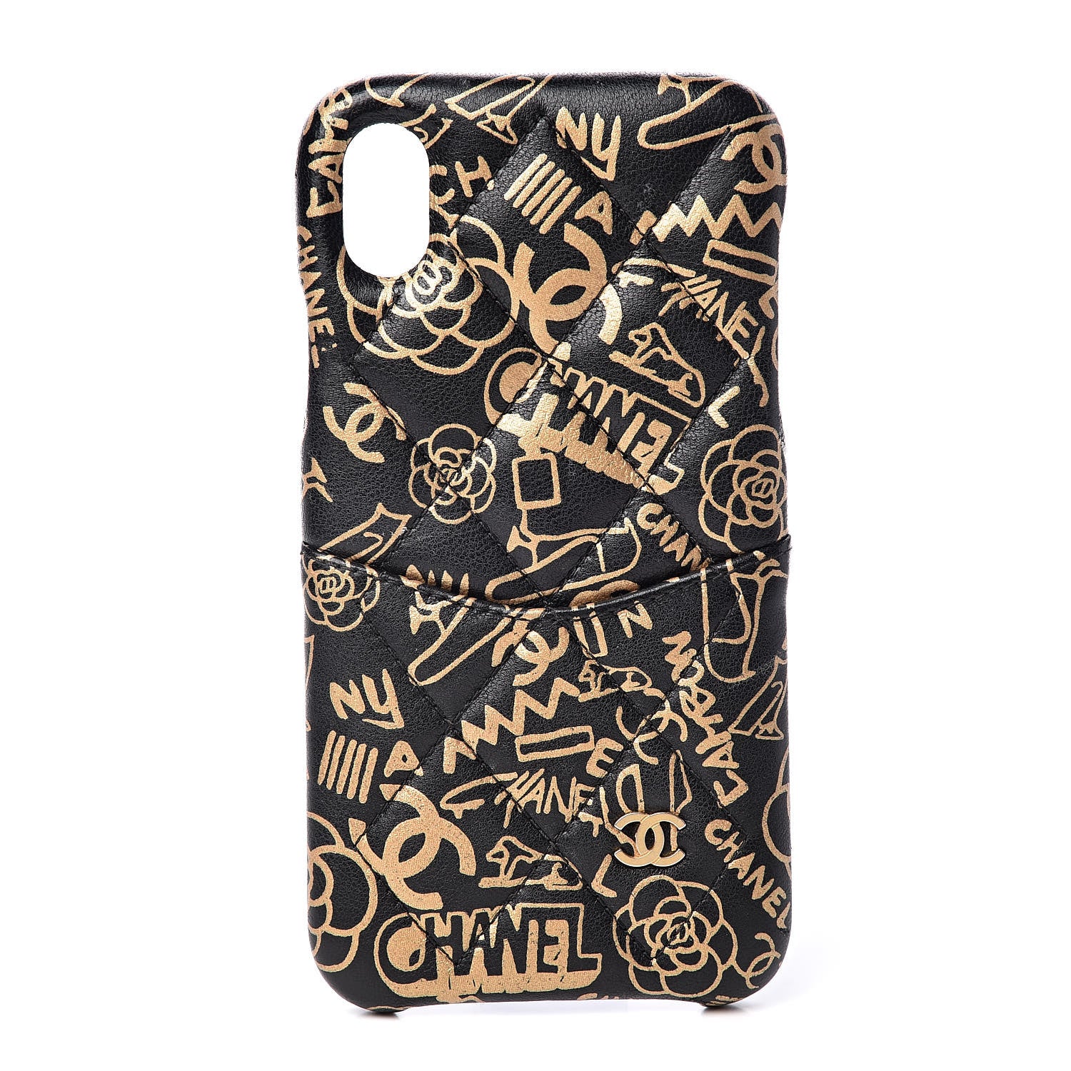 Chanel Lambskin Quilted iPhone XR Coco Tech Egyptian Graffiti Case Black Gold 1 of 3