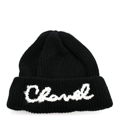Chanel Cashmere Pearl Logo Beanie Hat Black Ivory 1 of 5