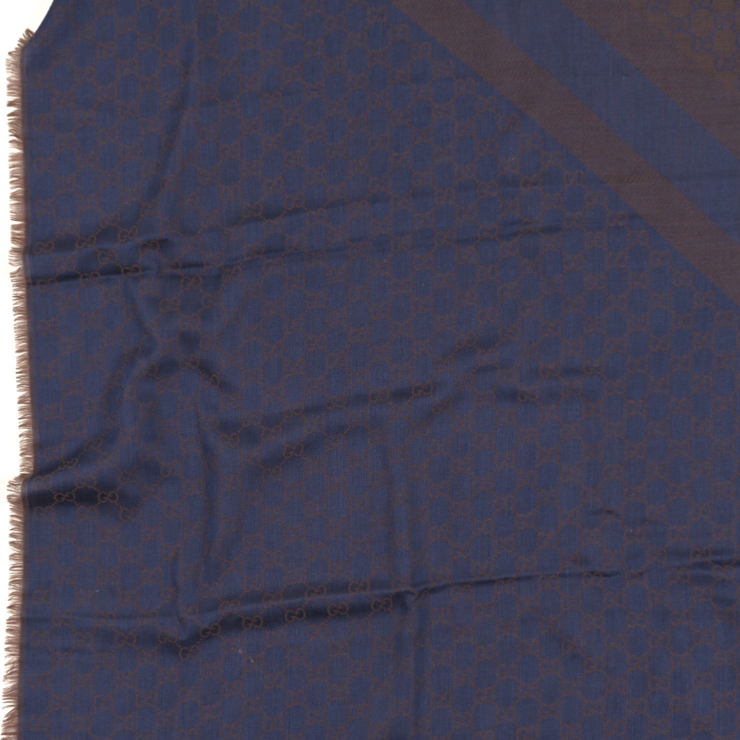 Wool Silk Monogram GGWeb Fringe Shawl Taupe Sky Blue