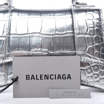 Balenciaga Metallic Calfskin Crocodile Embossed Hourglass Top Handle Bag XS Silver 9 of 10