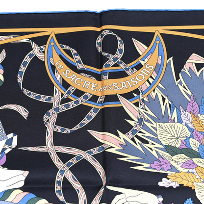 Hermes Silk Twill La Sacre Des Saisons Scarf 90 Bleu Black Ciel Rose 3 of 6
