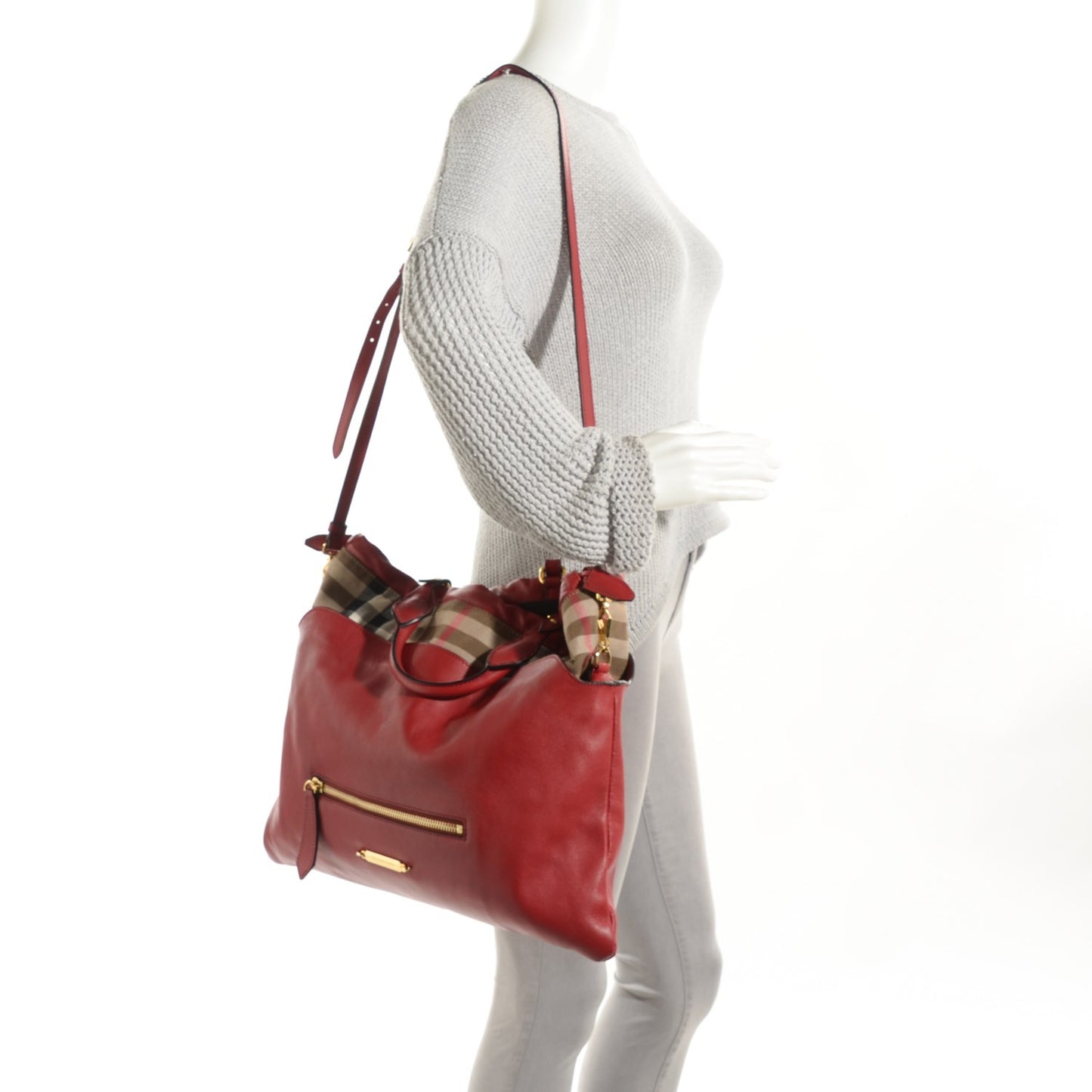 Soft Calfskin House Check Big Crush Tote Military Red