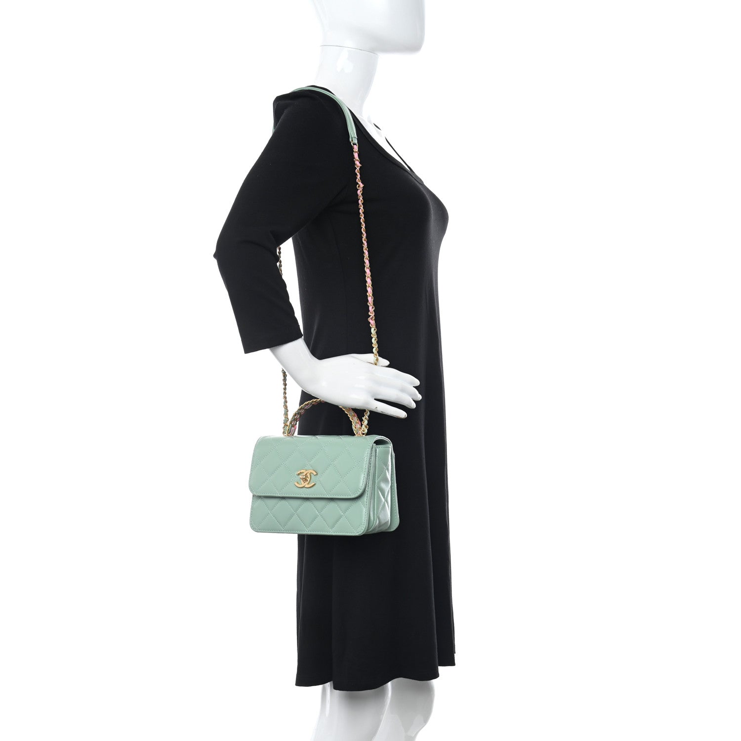 Chanel Shiny Calfskin Quilted Mini Metal Top Handle Flap Light Green 2 of 11