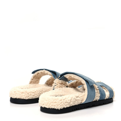 Hermes Suede Goatskin Woolskin Womens Chypre Sandals 39 Bleu Pinede Ecru 4 of 7