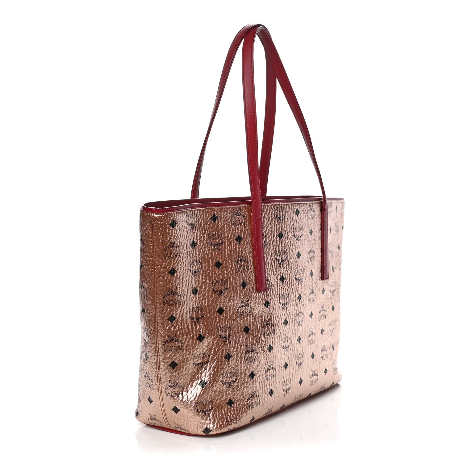 MCM Metallic Visetos Medium Anya Shopper Tote Champagne Gold Red 3 of 9