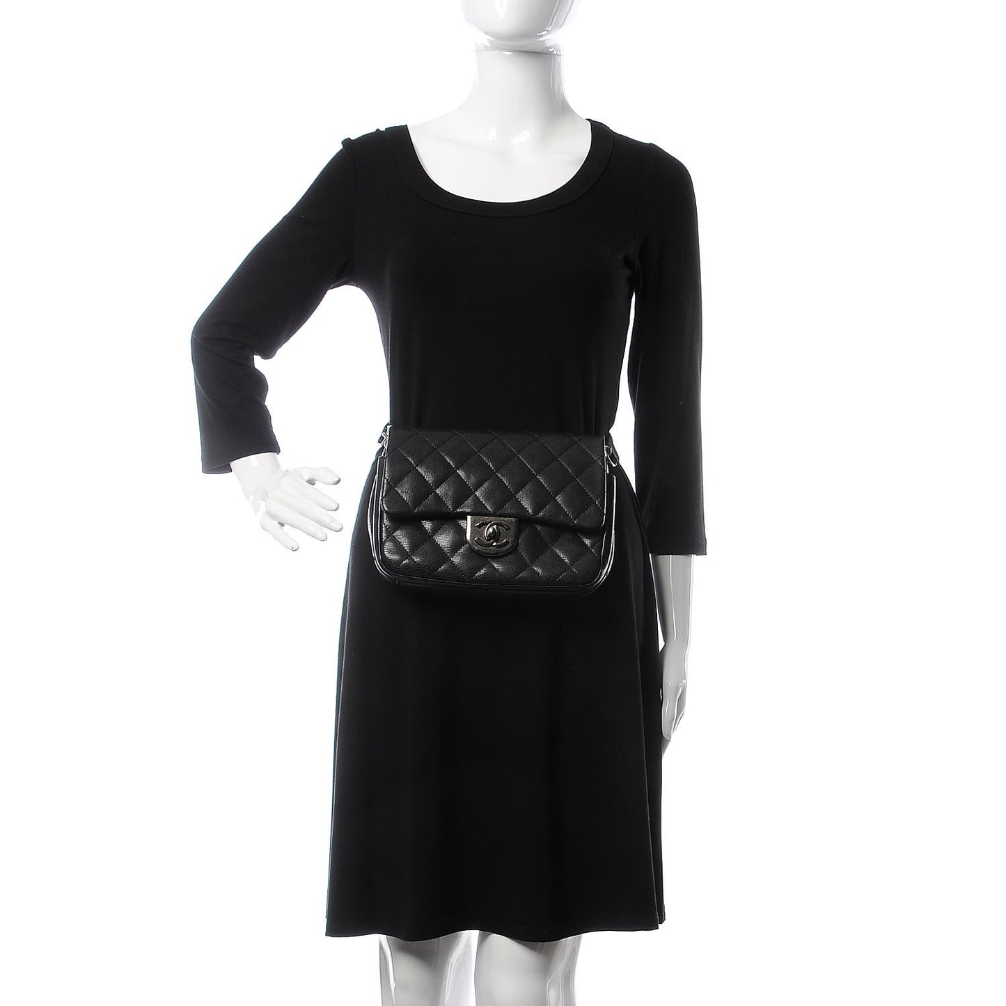 Shiny Goatskin Quilted Small Double Carry Waist Chain Flap Black