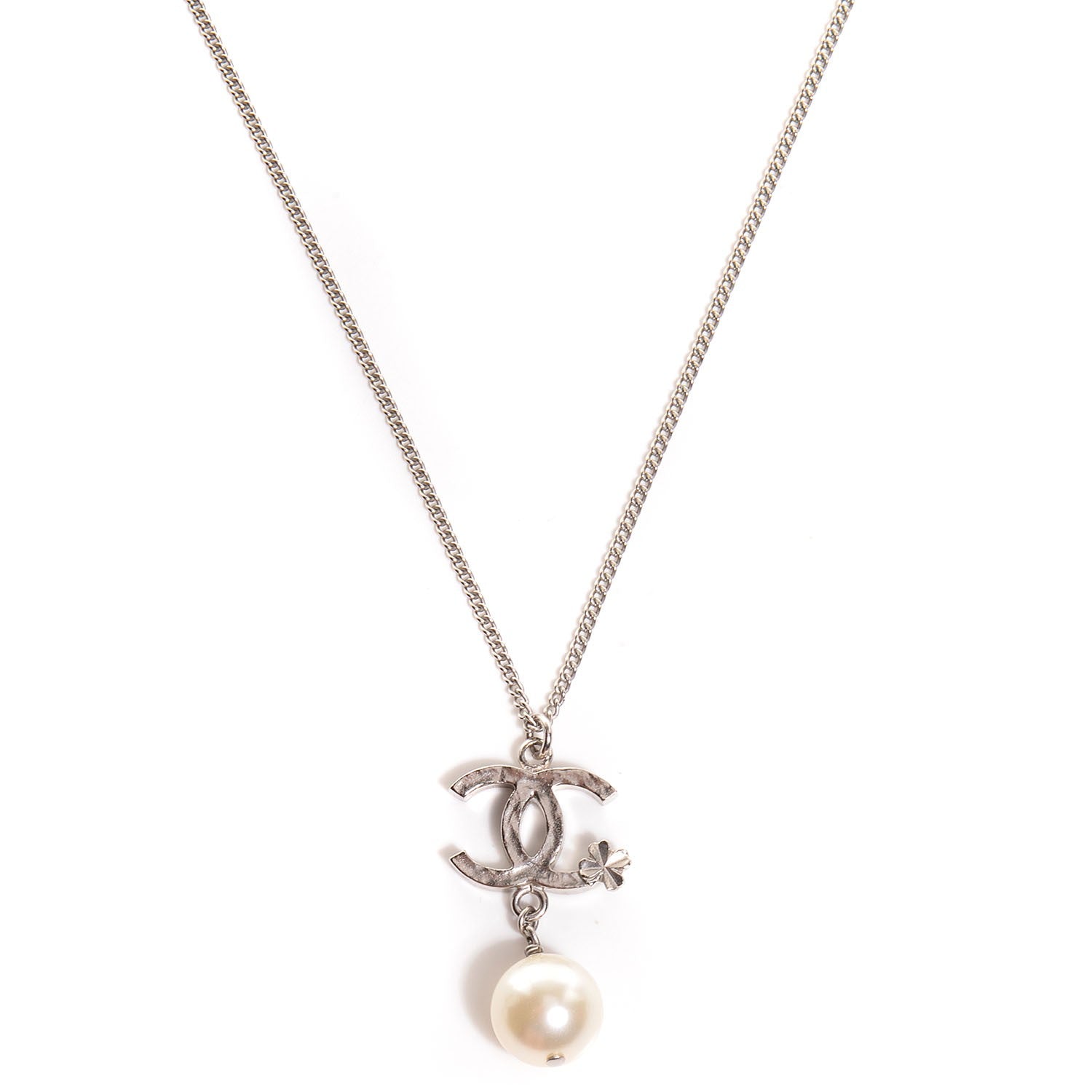 Chanel Clover CC Pearl Drop Necklace Silver 1 of 6