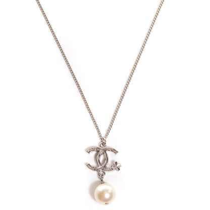 Chanel Clover CC Pearl Drop Necklace Silver 1 of 6